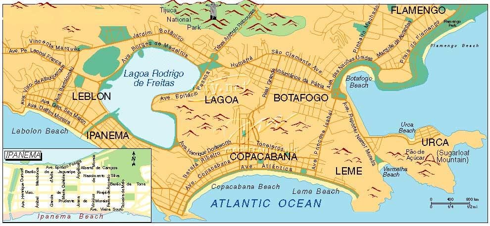 kaart van die strande in Rio de Janeiro